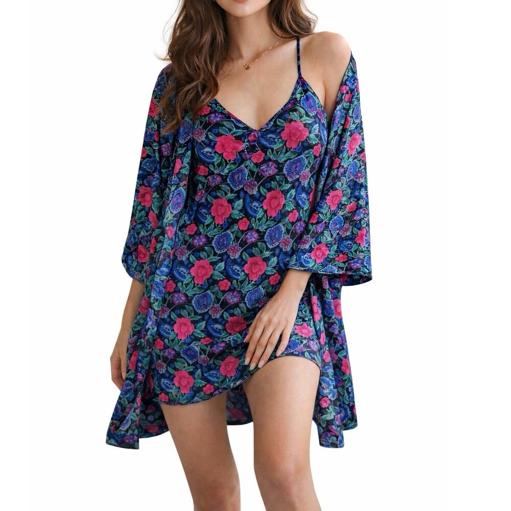 Vintage Floral Slip Dress Robe Set Cami Nightgown Pink Blue Retro S/M